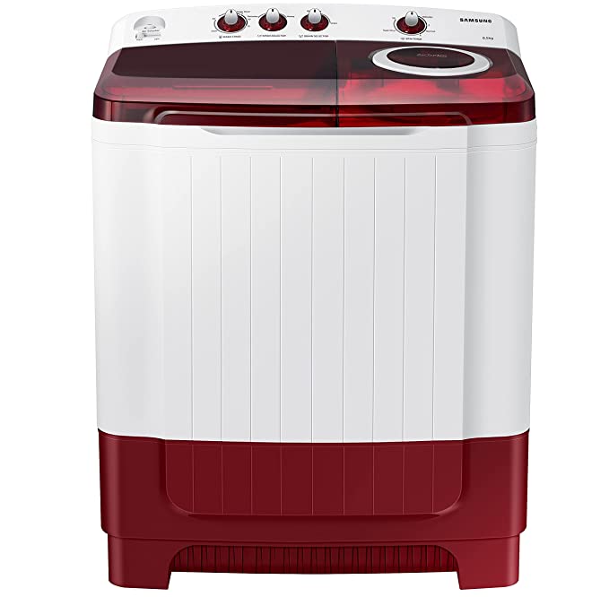 Samsung 8.5 Kg Semi-Automatic 5 Star Top Loading Washing Machine ( Light Grey, Red Lid (Transparent), Hexa Storm Pulsator)